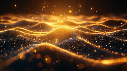 Golden particles flowing like waves, abstract background.