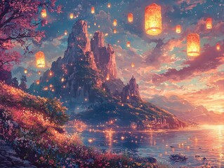Fototapeta premium A celestial river of liquid light winding through a valley of radiant wildflowers. Floating lanterns hover above the riverbanks, their golden glow blending harmoniously with the vibrant hues 