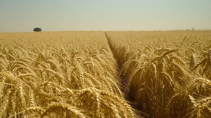 Golden wheat field path, sunny day, rural landscape, harvest season, agriculture imagery.