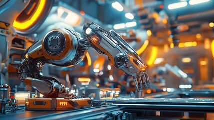 Robotic arm in futuristic factory.
