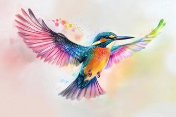 Fototapeta premium Colorful bird with a long beak is flying in the air. The bird is surrounded by a splash of colors