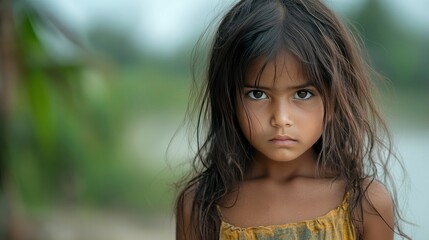 Naklejka premium Pensive Young Girl with Dark Hair and Serious Expression
