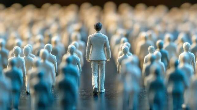 Lone Figure Walking Towards a Crowd of Miniature People