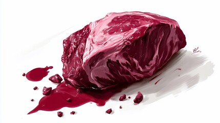 Obraz premium Raw beef steak with blood on white plate.