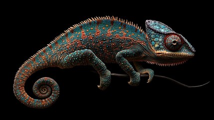 Vibrant chameleon on black background.