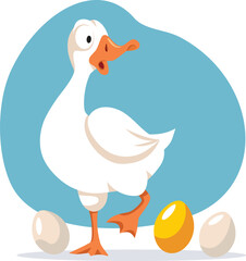 Surprised Goose Laying a Golden Egg Vector Cartoon Illustration. Puzzled bird being excited about new fortune 
