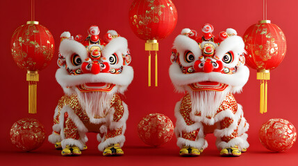 pair of lion dance isolated on red background, lantern, chinese new year 2025