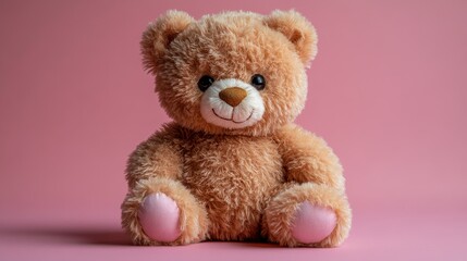 Obraz premium Cute light brown teddy bear sitting on pink background.