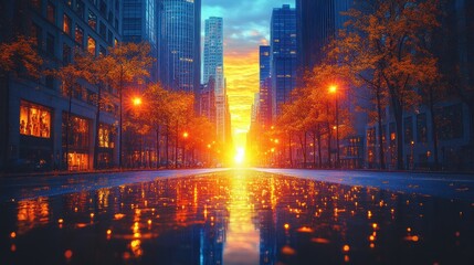 A vibrant city street at sunset, reflecting colorful lights and autumn foliage.