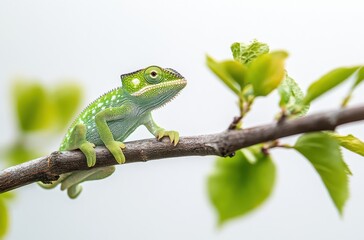 Fototapeta premium Vibrant Green Chameleon on a Branch Surrounded by Fresh Green Leaves, Capturing Nature's Beauty in a Serene Environment, Ideal for Wildlife and Nature Lovers