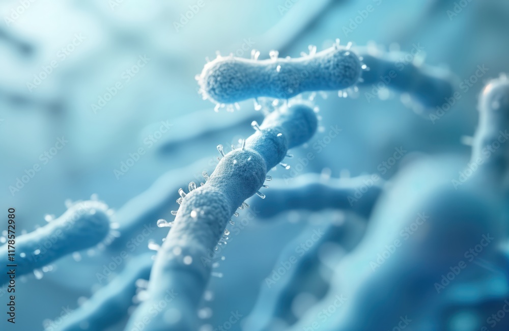 Poster close-up view of lactobacillus bacteria. microscopic organisms shown in 3d rendering. bacteria light