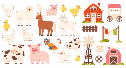 Set of domestic farm animals. Farm elements. Cow, sheep, goat, duck, chicken, calf, horse, pig, rooster. Flat vector illustration. © Kateryna Moskaleno