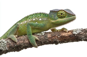 Fototapeta premium Vibrant Green Lizard Sitting on a Branch with Unique Texture and Coloration, Highlighting the Beauty of Reptilian Wildlife in a Natural Setting