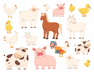 Set of domestic farm animals. Cow, sheep, goat, duck, chicken, calf, horse, pig, rooster. Flat vector illustration.
