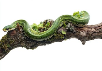 Vibrant Green Snake Coiled on Branch Surrounded by Lush Green Leaves and Moss, Showcasing the Beauty of Nature's Venomous Creatures in a Serene Habitat