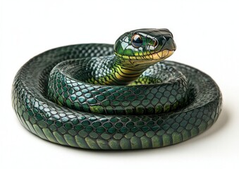 Obraz premium Vibrant Green Snake Coiled Gracefully on White Background, Showcasing Lifelike Texture and Glossy Finish, Symbolizing Nature and Wildlife Beauty in Stock Photography