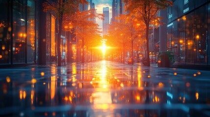 Obraz premium A vibrant city street at sunset, reflecting warm colors on wet pavement.
