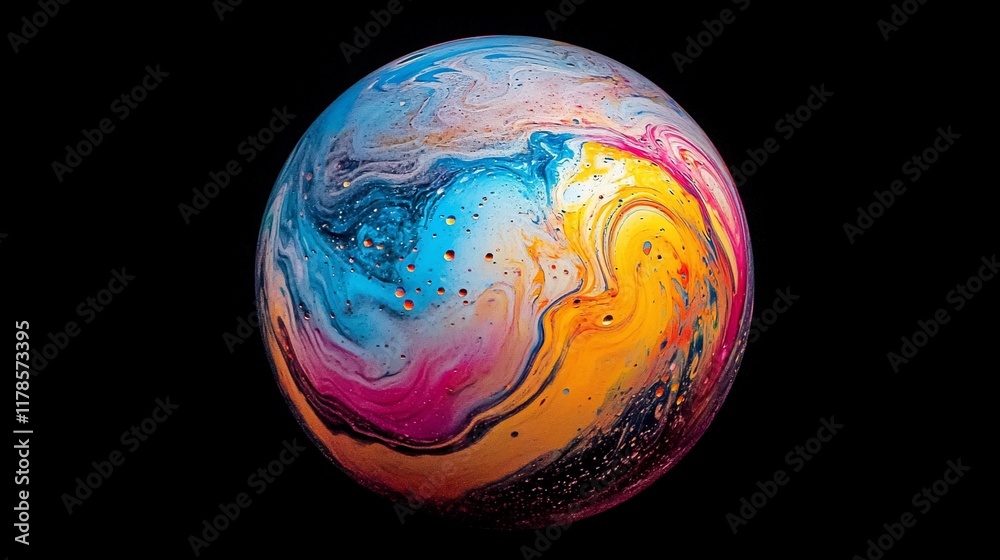 Wall mural Abstract colorful sphere with swirling paint patterns on black background.