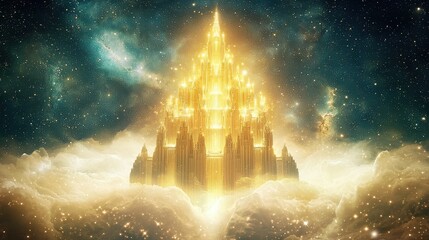 A floating palace suspended above a misty void, its golden spires shimmering in the light of swirling nebulae. Radiant bridges connect the palace’s towers, while glowing fountains flow into 