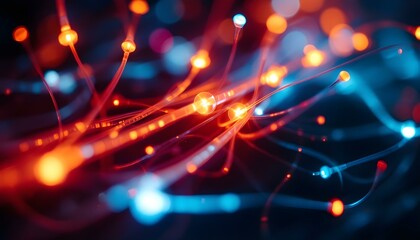 Obraz premium Fiber optic threads are super macro. Fiber optics network cable for ultra fast internet communications, thin light threads that move information at high speed. Fiber optic glowing, studio shot