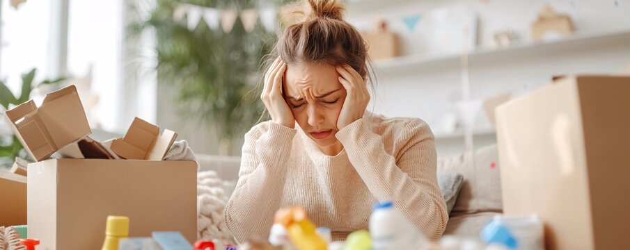 Working mom concept. A woman appears stressed while surrounded by clutter and boxes, reflecting feelings of overwhelm and disorganization in her environment.