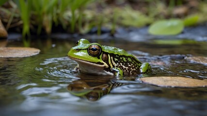 Obraz premium Vibrant Environment with an Eungella Torrent Frog Leaping Across a Stream
