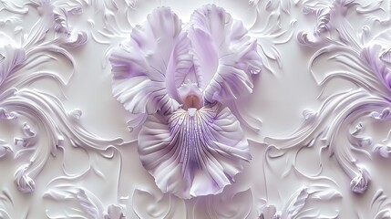 A delicate purple iris with intricate details on a white backdrop.