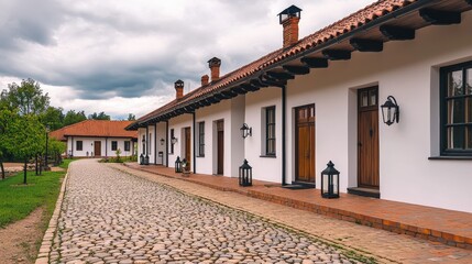 Mindfulness and meditation method, A rustic pathway leads to charming white buildings with red roofs, surrounded by greenery under a cloudy sky, creating a peaceful ambiance.