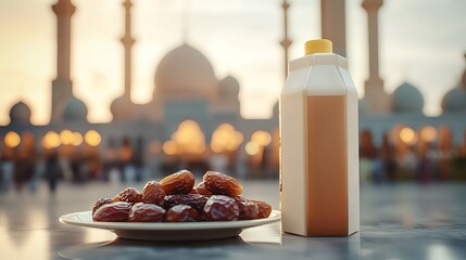 Ramadan Blessings, Dates, Juice, and a Mosque in the Background