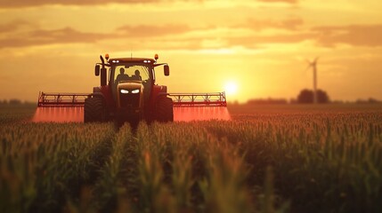 Obraz premium Tractor spraying crops at sunset.