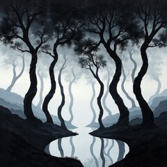 A mystical forest scene with twisted trees and a tranquil river, enveloped in a soft morning mist.