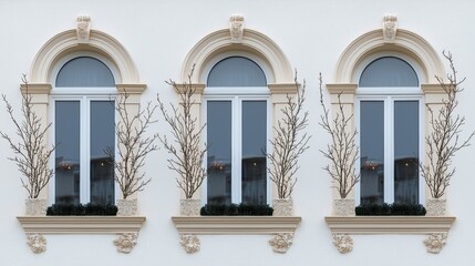 Mindfulness and meditation method, Three elegant arched windows with decorative frames and bare branches in planters, set against a pristine white wall.