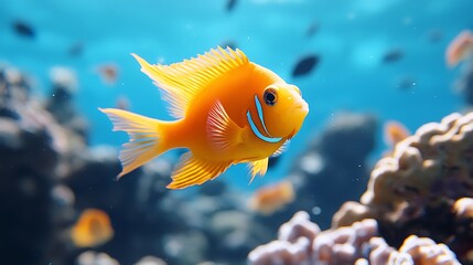 Naklejka premium Vibrant orange fish swims in clear blue ocean water near coral reef.