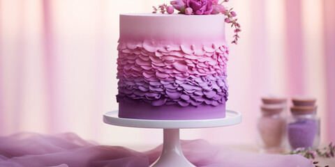 A purple ombre cake with textured frosting and floral accents sits on a white pedestal.





