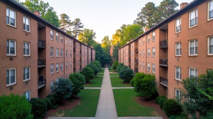 Obraz premium Mindfulness and meditation method, A serene view of brick apartment buildings lined along a green walkway, surrounded by trees and a peaceful atmosphere.