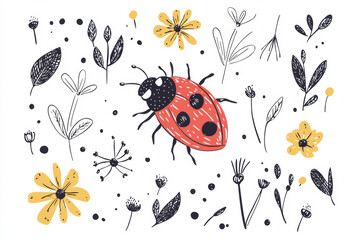 Colorful ladybug illustration surrounded by flowers and plants, cheerful design