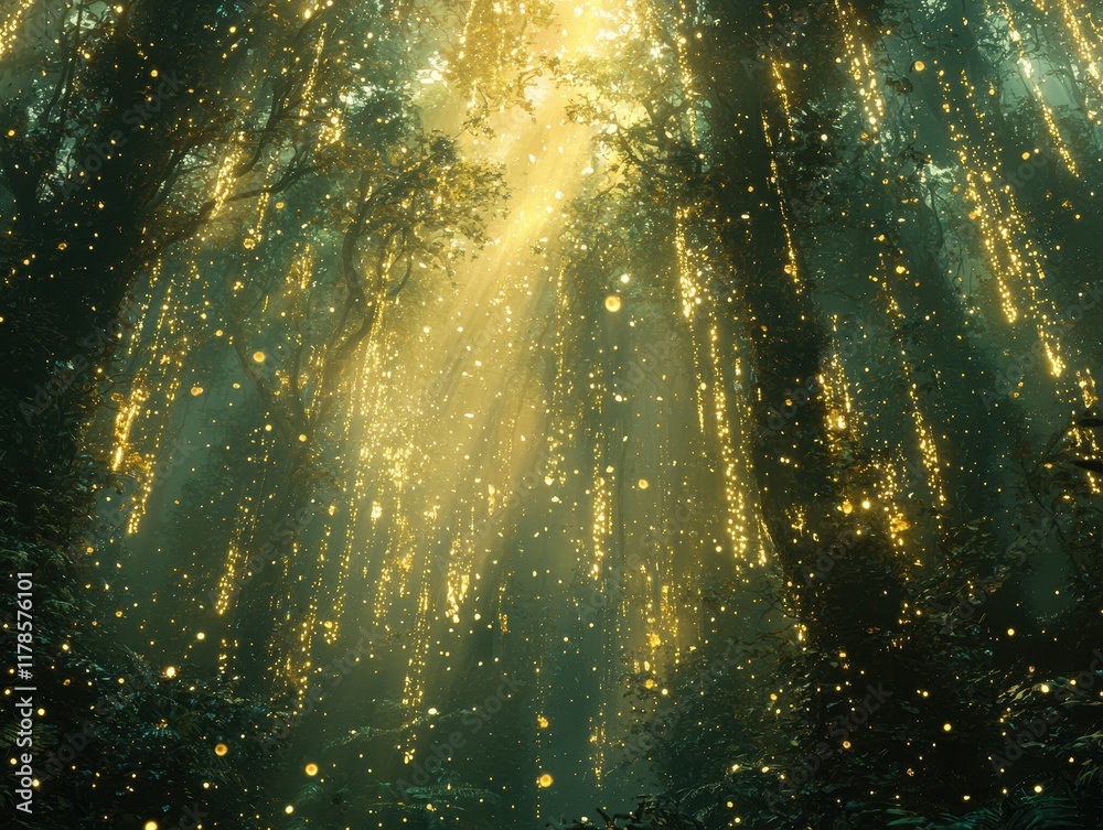 Wall mural a mystical floating forest where radiant trees with translucent leaves pulse softly. streams of liqu
