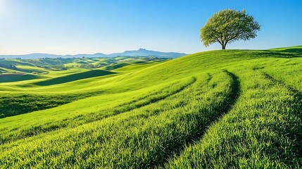 Serene Tuscan Hillside Lone tree on rolling green hills at sunrise. Peaceful landscape ideal for travel brochures.
