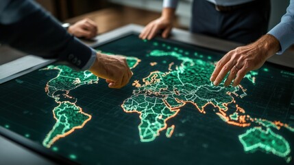 Business professionals analyzing digital world map on interactive touchscreen display, exploring global data and trends in modern office environment, focus on collaboration and innovation.