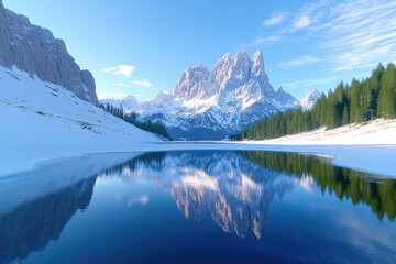 Tranquil lake mirroring snow-covered mountain peaks in peaceful alpine landscape design
