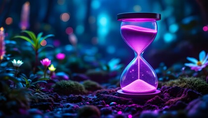 Glowing digital hourglass measuring flowing time on a futuristic background. Futuristic hourglass made of glass, glowing led-like background, abstract scene symbolizing time and technology.