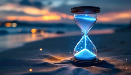 Glowing digital hourglass measuring flowing time on a futuristic background. Futuristic hourglass made of glass, glowing led-like background, abstract scene symbolizing time and technology.