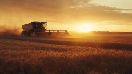 Obraz premium Combine harvester working in a golden wheat field at sunset.