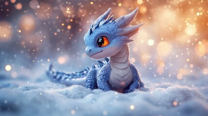 A cute, small, blue dragon with large amber eyes, tiny wings, and red inner ears sits in the snow.