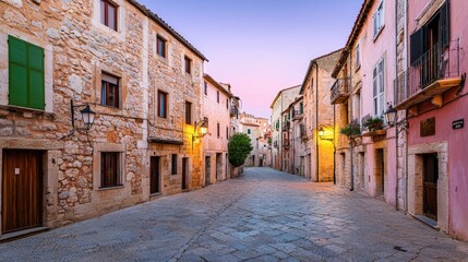 Obraz premium Mindfulness and meditation method, A charming cobblestone street lined with historic stone buildings, bathed in warm evening light, creating a peaceful atmosphere.