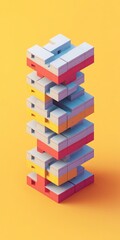 Fototapeta premium Colorful abstract geometric blocks stacked against a bright yellow background, illustrating modern architectural design.