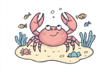 cheerful crab surrounded by colorful fish and sea plants in sandy habitat