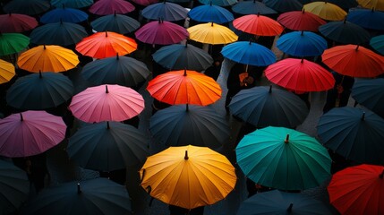 Obraz premium Rainbow umbrella standing out among black umbrellas, symbolizing individuality and creativity. 
