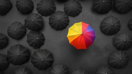 Rainbow umbrella standing out among black umbrellas, symbolizing individuality and creativity. 