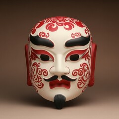 Traditional Japanese Kabuki Mask Featuring Intricate Red and White Designs with Bold Features and Unique Character Expression Ideal for Cultural Art Displays